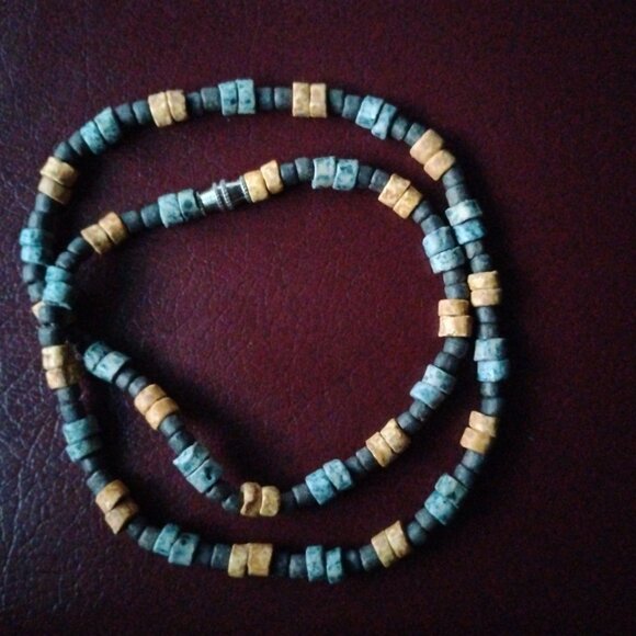 Necklace Blue-Tan-Black Beads Mix Media of Lava Stones Acrylic Screwing Closure - Picture 1 of 5